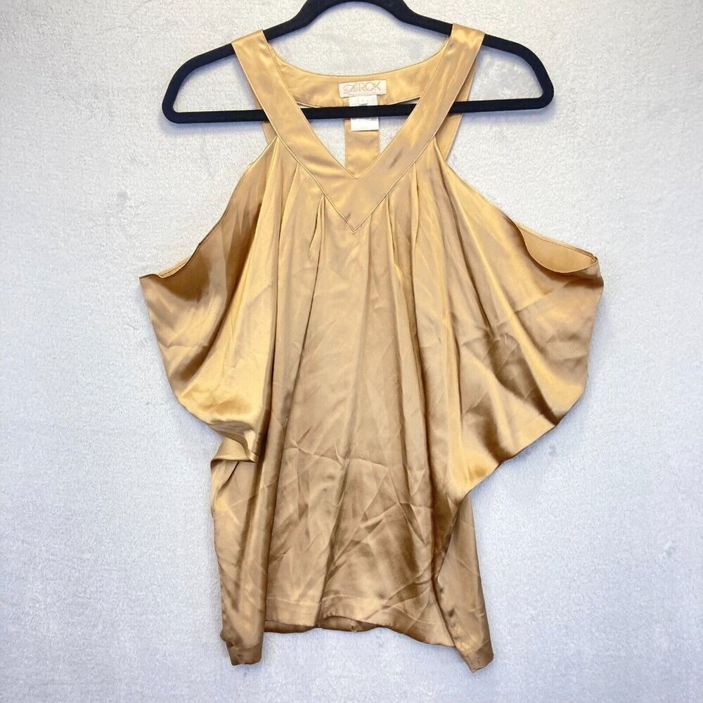 LaRok‎ 100% Silk Gold Tank Top Womens Small Drapy Pleated Racerback Sexy Elegant